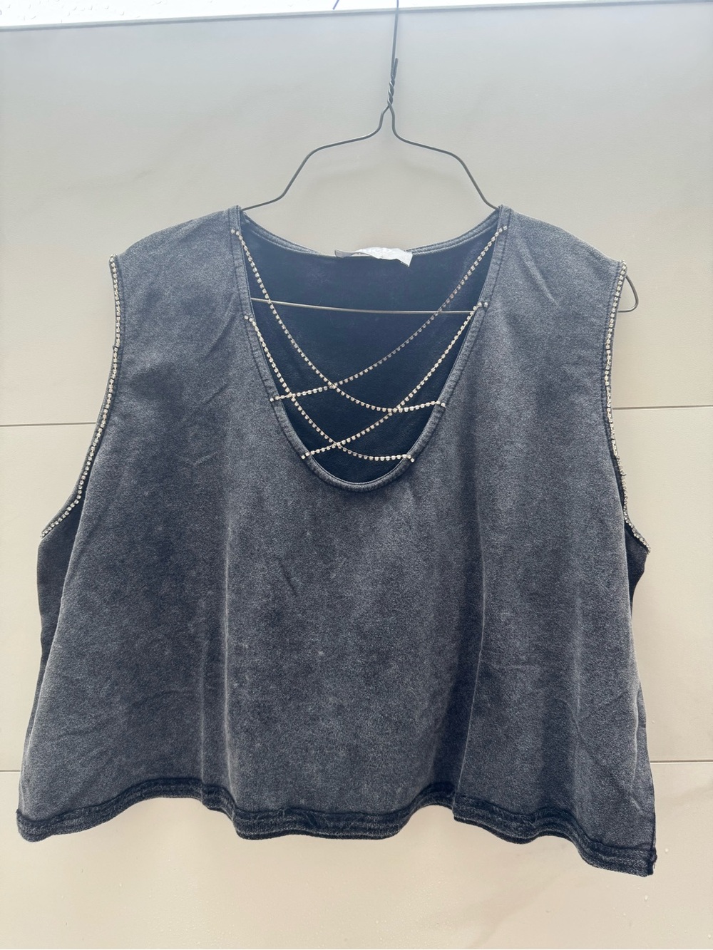Women's Washed Black Sleeveless Top with Chain-Back Detail